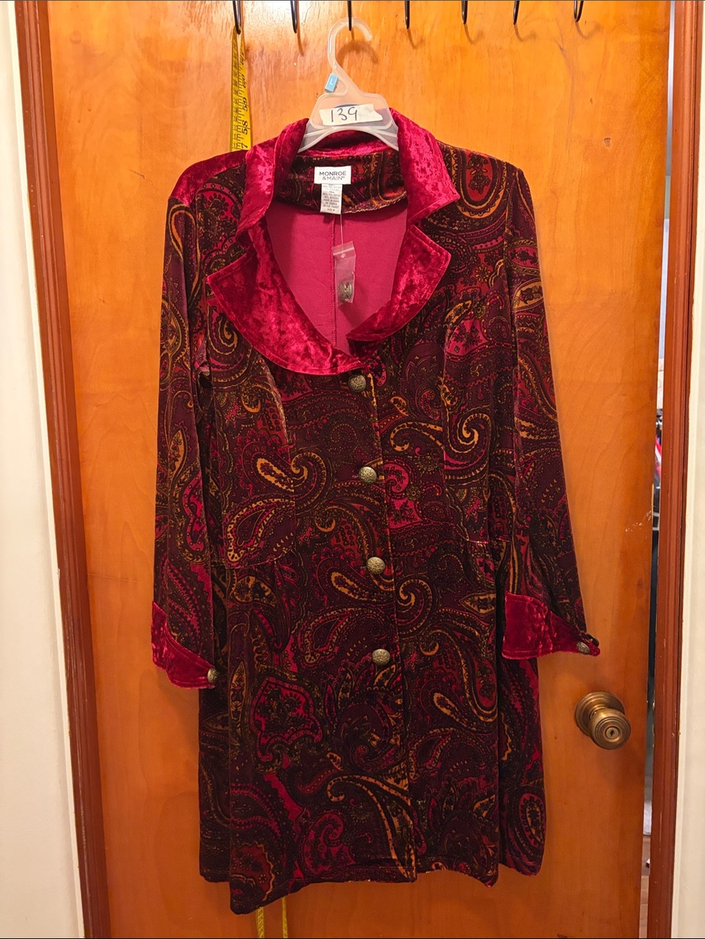 Monroe & Main Burgundy Paisley Velvet Long Sleeve Coat Dress